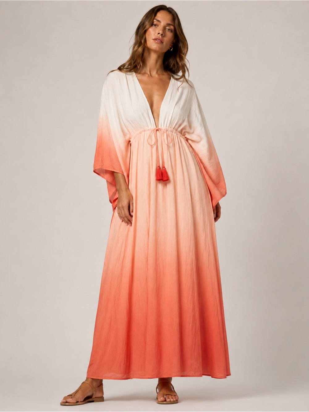 Boden Petite 2P Ombre Maxi Kaftan Dress Coral White Resort Beach Boho
